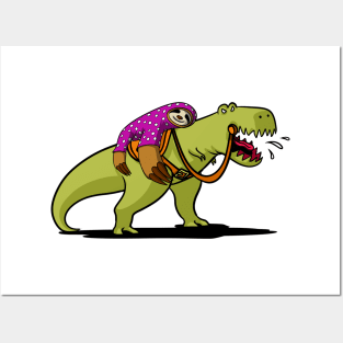 Lazy Sloth Riding T-Rex Dinosaur Posters and Art